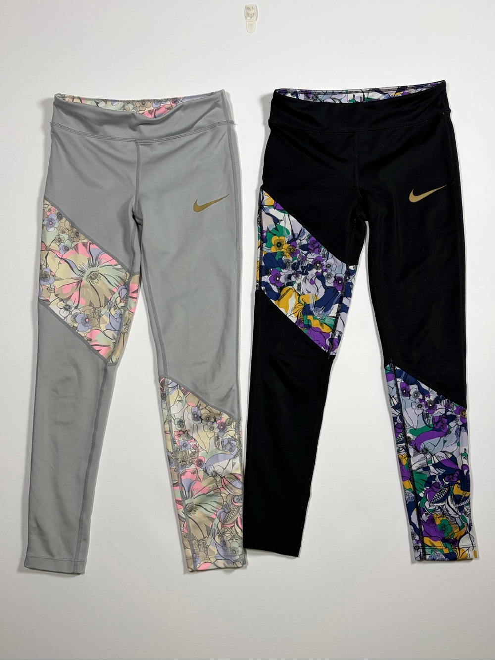 Nike Girls' Floral-Panel Athletic Leggings - Gray & Black size M
